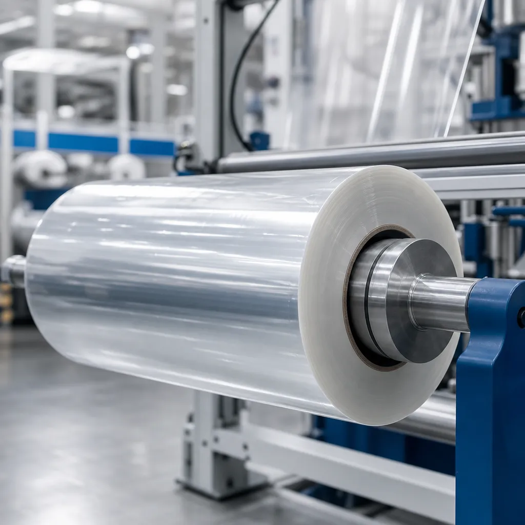 A roll of translucent water-soluble PVA film on the extrusion line