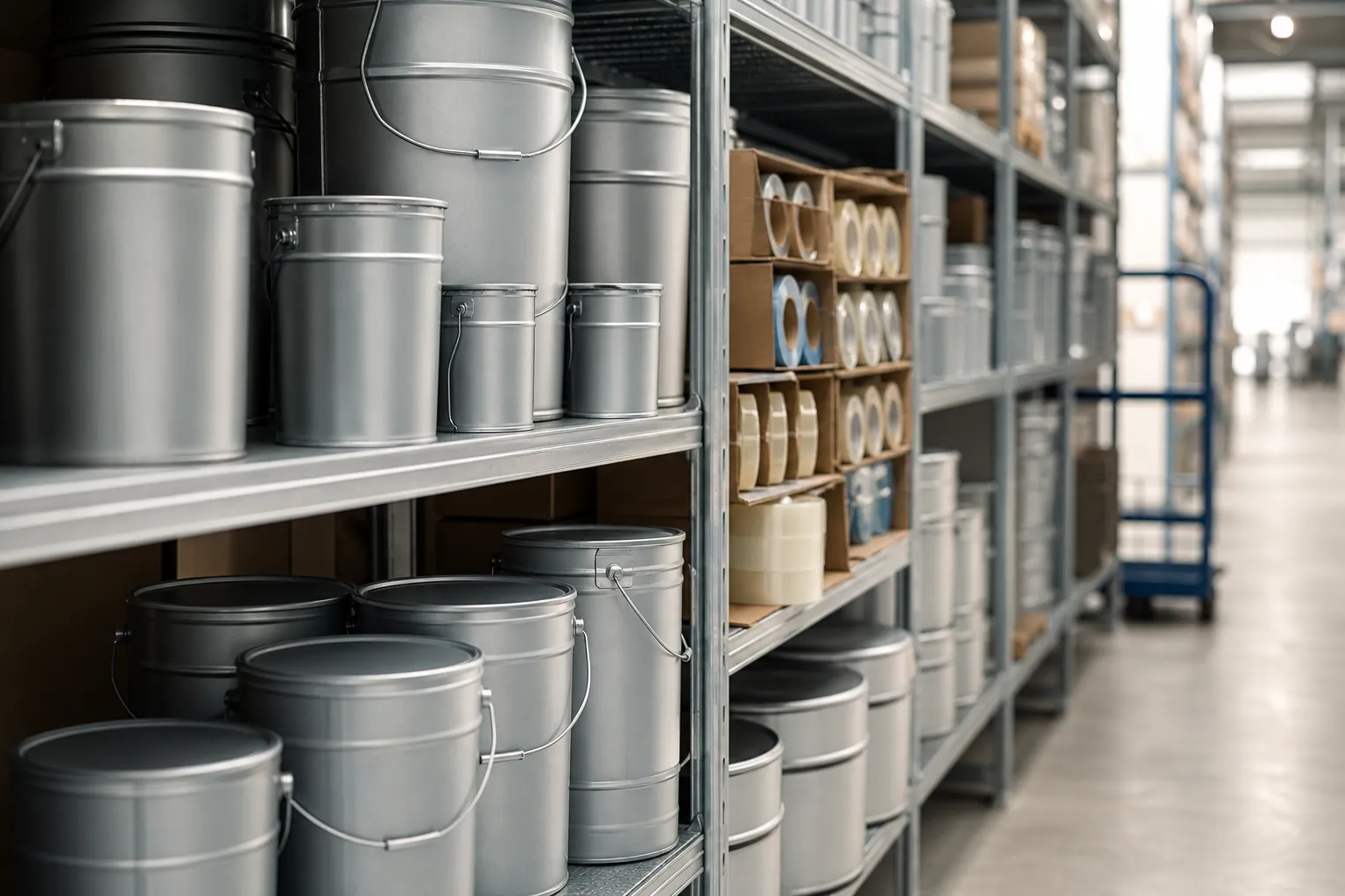 Tins, pails and drums held in stock